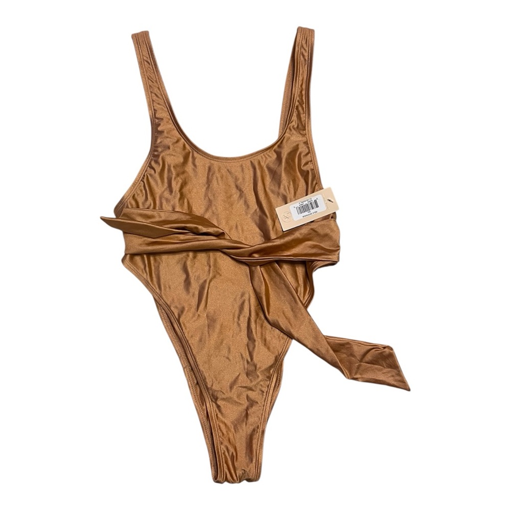 NWT Ris-K Sol Nude Metallic Shimmer High Cut Tie Waist One Piece Swimsuit Medium